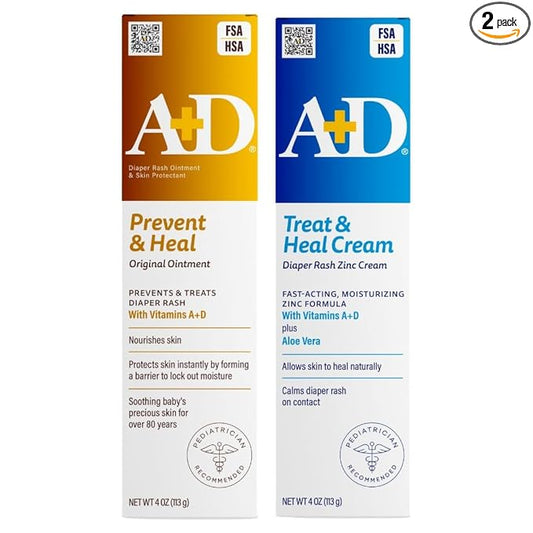 A+D Original Diaper Rash Ointment + Zinc Oxide Diaper Rash Cream 4oz Variety Pack - Prevents & Treats - Moisturizing Skin Protectant With Vitamins A & D