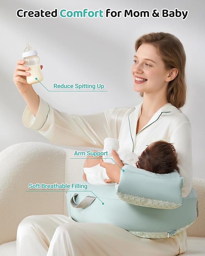 Nursing Pillow for Breastfeeding, 3-in-1 Detachable Baby Feeding Pillow with Removable Support Cushions, Gentle Elevation for Reducing Spit-Up & Gas, Breathable Washable Cover（Green）