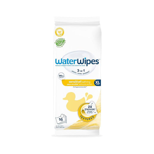 WaterWipes Sensitive+ Bathing Wipes,3-In-1 Cleans,Cares,Protects,99.9% Water,Unscented & Hypoallergenic,16 Count (Pack of 12)
