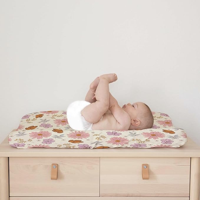 Vintage Flowers Butterflies Baby Changing Pad Covers for Boy Girl 32''x16'' Retro Boho Floral Leaves Fitted Changing Table Sheets Spring Wild Plants Soft Breathable Nursery Diaper Change Table Mats