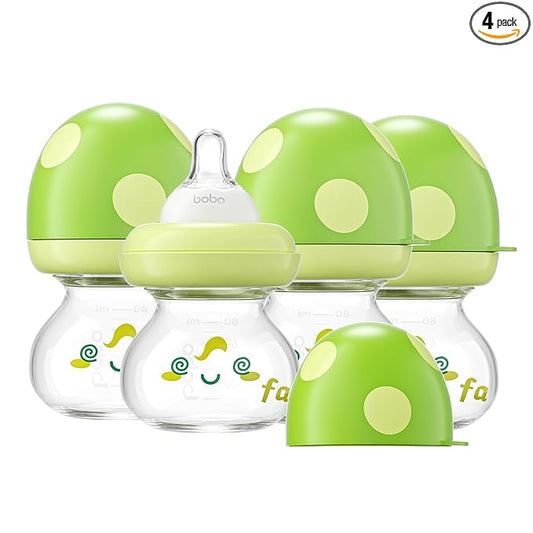 YOHKOH Newborn Glass Baby Bottles with Slow Flow Nipple for 0+ Months, Wide Neck Feeding Bottle, 2.7oz/80ml (Green, 2.7oz (Pack of 4))