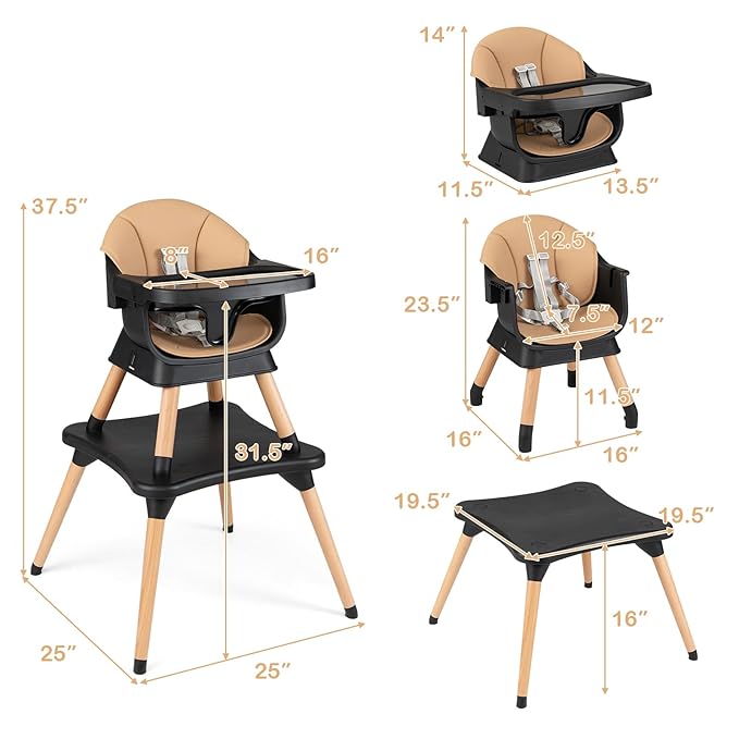 HONEY JOY 9-in-1 Baby High Chair, Convertible Wood Highchair for Babies and Toddlers/Dining Booster Seat/Table & Chair Set, Toddler Stool w/5-Point Safety Harness, Removable Cushion & Tray (Coffee)