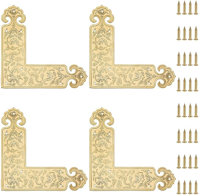 PH PandaHall 4pcs Embossing Decorative Corner Protectors 3.5x3.5inch L-Shape Guard Edge Cover Gold Flat Trim with Screws for Classical Furniture Tables Box Cabinet Chairs Cabinet Jewellery Boxes Cases