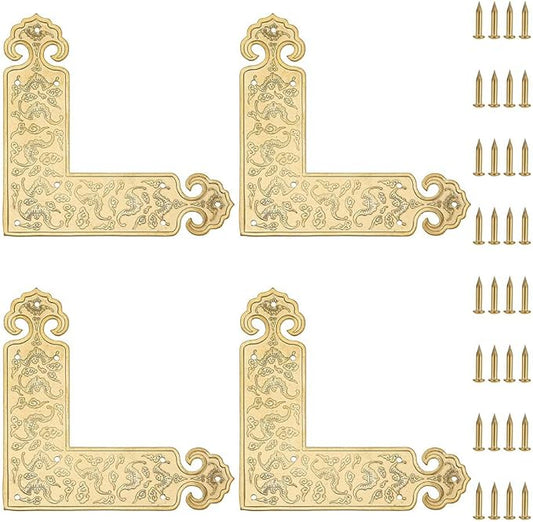 PH PandaHall 4pcs Embossing Decorative Corner Protectors 3.5x3.5inch L-Shape Guard Edge Cover Gold Flat Trim with Screws for Classical Furniture Tables Box Cabinet Chairs Cabinet Jewellery Boxes Cases