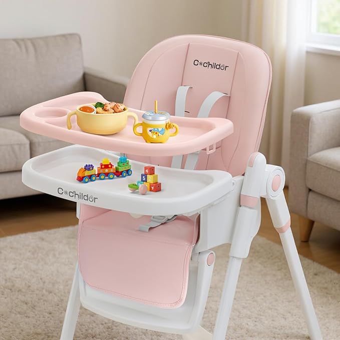 Cochildor 3-in-1 Foldable High Chair for Babies & Toddlers – Adjustable Height, Reclining Seat, 5-Point Safety Harness, Removable Tray, Lockable Wheels, Washable Cushion – Portable & Easy Clean, Pink