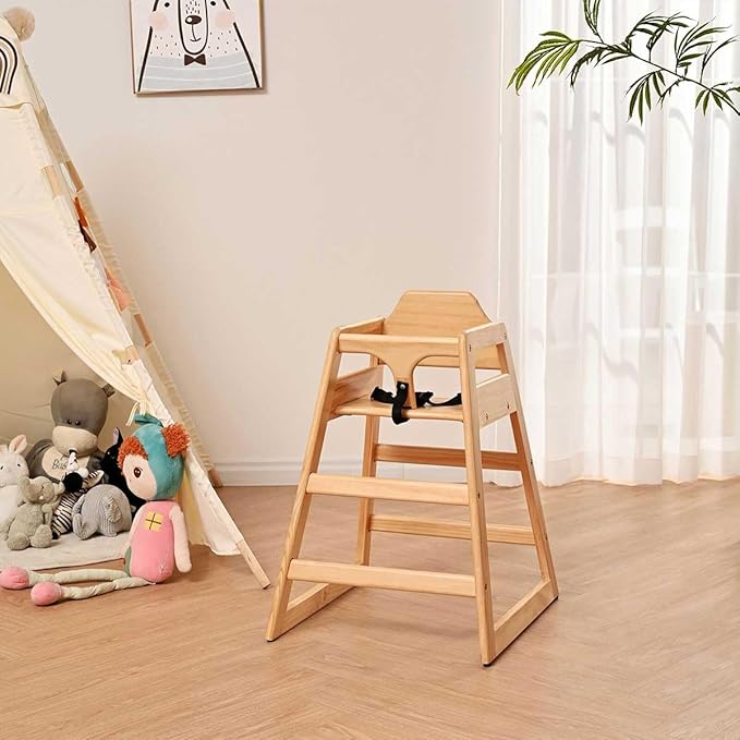 LZMS Wooden Highchair for Babies & Toddlers - Skin-Friendly,Rounded Edges,Safety Belt,Stackable,Reinforced Frame Baby Seat | Natural Finish Dining Chair for Little Ones(Oak Color)
