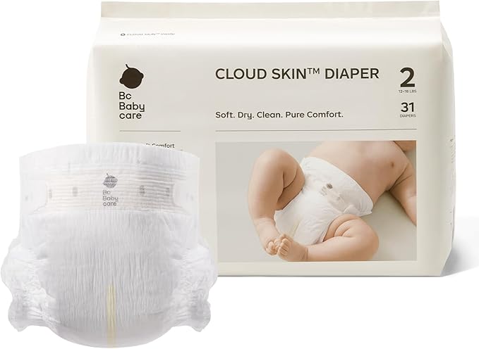 Bc Babycare Cloud Skin Baby Diapers, Size 2 (12-18 lbs), 31 Count – Ultra Soft & Dry, Leak-Proof Overnight Comfort, Hypoallergenic, Totally Chlorine-Free
