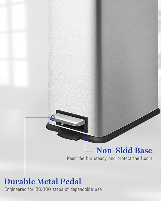 8 Gallon Kitchen Trash Can, Stainless Steel Step Pedal Trash Can with Inner Bucket, Soft Close Lid and Stays Open for Apartments, RVs, Dorms, Offices, or Bathrooms