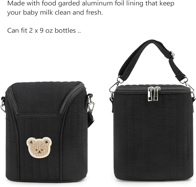 Lmbabter Embroidered Bear Stroller Organizer Tote Bag, Bottle Insulation Pouch, Portable Cooler Storage Essential for Milk/Breast Pump,Baby Travel Supplies (Black)