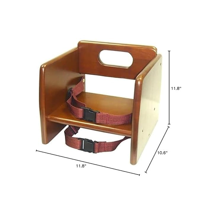 TrueCraftware–17" Children Booster Seat Walnut Wood Finished Rubber Wood with Harness Straps Seat Back Support Maximum Knock-Down Package Stackable Booster Seat for Dining Table