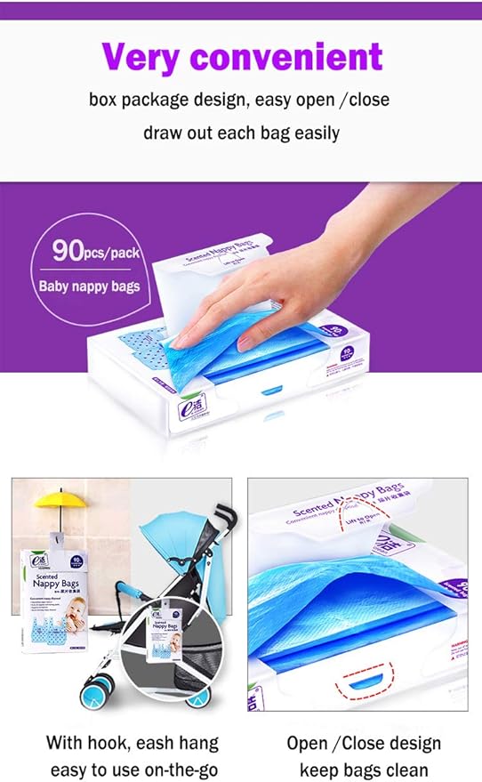 Disposable Diaper Bag for Baby, Diaper Sacks Cover the Incontinence Odor Really, Fresh Light Baby Powder Faint Scent, 540 Counts 180 Bags, Blue