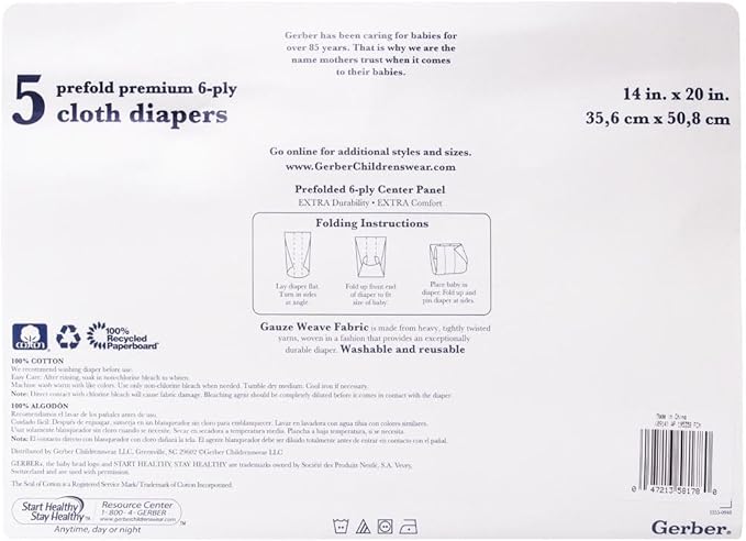 Gerber Prefold Premium 6-Ply Cloth Diapers, 5-Pack