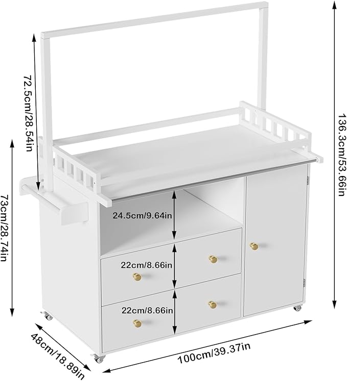PAKASEPT Baby Changing Table, Infant Diaper Changing Station with Wheels & Wide Table Top & Clothes Rail, Baby Changing Table with Two Drawers and Cabinet for Nursery and Kids