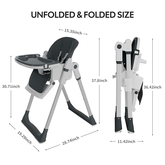 Sunchild 3-in-1 Baby High Chair with Wheels, 5-Point Harness, Tray, Footrest, and Backrest, Foldable and Adjustable for Toddlers 6-36 Months, Black