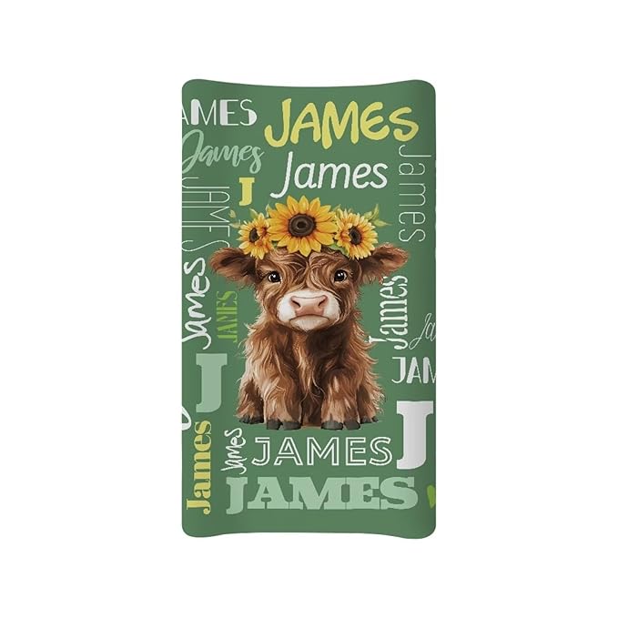 Personalized Highland Cow Changing Pad Covers with Name Sunflower Fitted Diaper Changing Table Cover Set Soft Changing Pad Sheets for Standard Changing Pad 16" x 32"