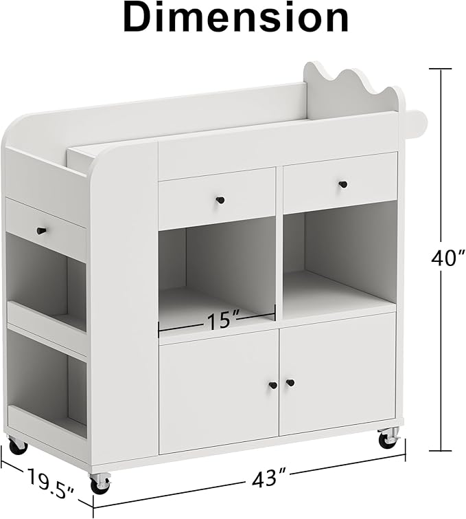 Baby Changing Table Top, 3 Drawers Nursery with 4 Open Cubbies, Rolling Chest with Wheels, 43" W x 19.5" D x 40" H