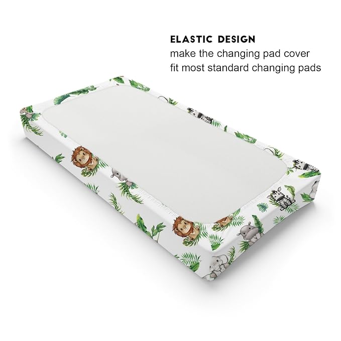 Baby Safari Animals Tropical Palm Leaves Changing Pad Covers Lion Elephant Giraffe Zebra Hippo Diaper Change Table Pad Covers for Girl Boy Soft Breathable Stretch Changing Mat Sheets 32''x16''