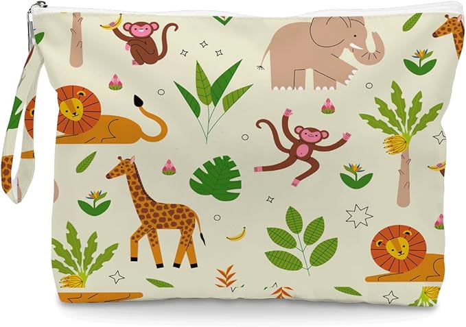 Wet Dry Bag, Wet Bag for Swimsuit, Diaper Sunscreen Large Zipper Pouch Waterproof Pouch, Beach Bags for Women, Gifts for Ladies Girls Friends Colleagues and Sisters, Patterns of Monkeys Elephants etc.