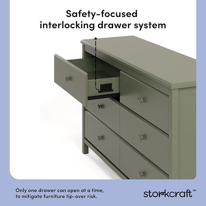 Storkcraft Alpine 6-Drawer Dresser (Olive) – GREENGUARD Gold Certified, Green Dresser for Bedroom, Kids & Nursery Storage Drawers, Safety Interlocking Drawers, Pre-Installed Tracks, Kids Bedroom