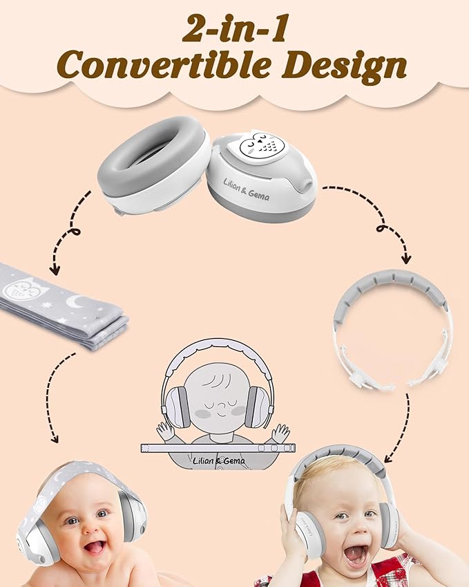 Lilian&Gema 2-in-1 Baby Ear Muffs Noise Protection up to 48 Months - Cute Owl Ear Protection for Infant & Toddler - Baby Airplane/Travel Essentials - Adjustable Noise Reduction Earmuffs, White