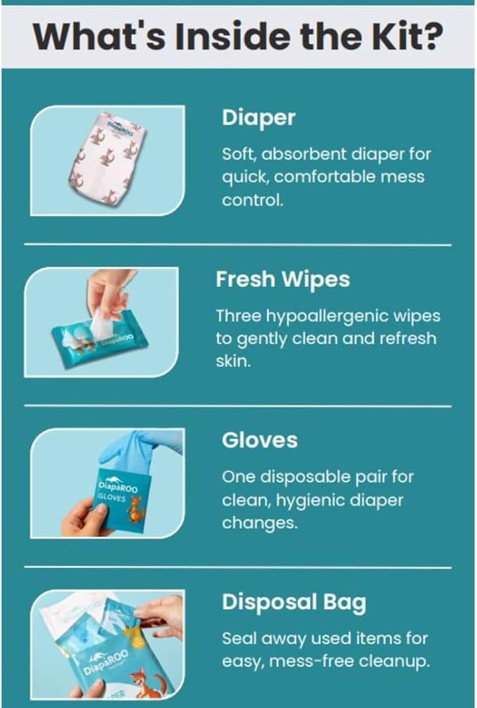 DiapaROO All-in-One Travel Diaper Changing Kit – 5-in-1 Kit Disposable Diaper, Wipes, Gloves & Disposal Bag – Pocket-Sized Emergency Kit for On-The-Go Parents – Compact Disposable Changing Size 3