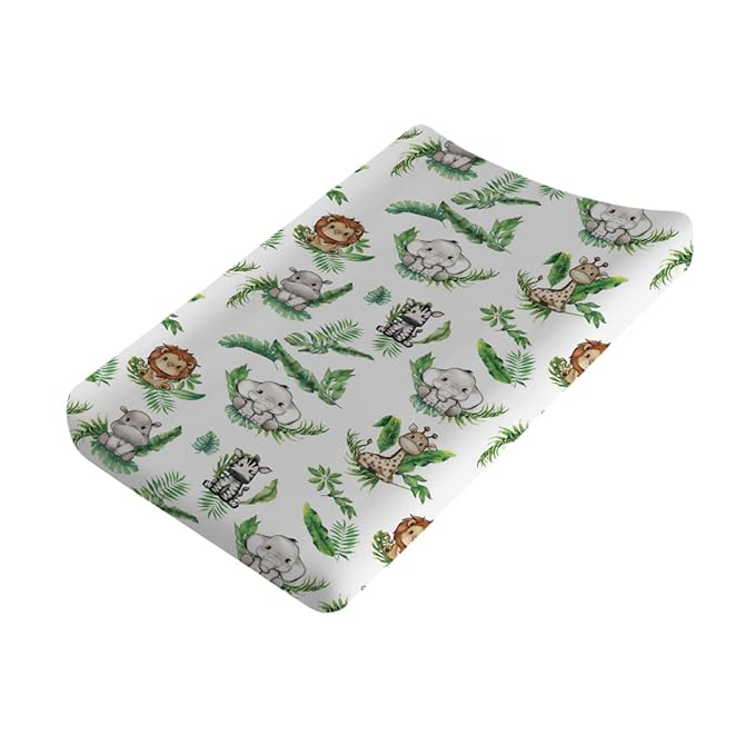 Baby Jungle Safari Animals Tropical Leaves Changing Pad Covers Elephant Giraffe Zebra Lion Hippo Diaper Change Table Sheets for Girls Boys Soft Stretchy Snug Fitted Changing Mats Cover 32''x16''