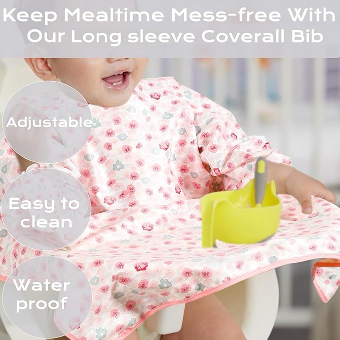 TSD Bib Baby Weaning Bib - Long Sleeved Bib Toddler bibs 6～36Months and Fully Cover to Highchair