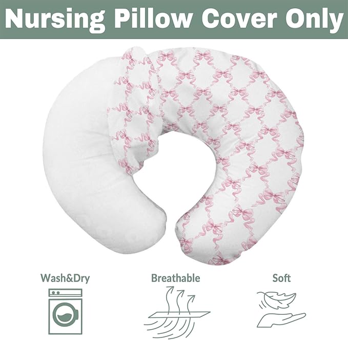 Pink Bows Ribbon Nursing Pillow Covers for Girl Pastel Baby Pink Ribbons Nursery Feeding Pillowcase for Breastfeeding Pillows Watercolor Bows Girly Soft Stretchy Removable Cover for Newborn Infant
