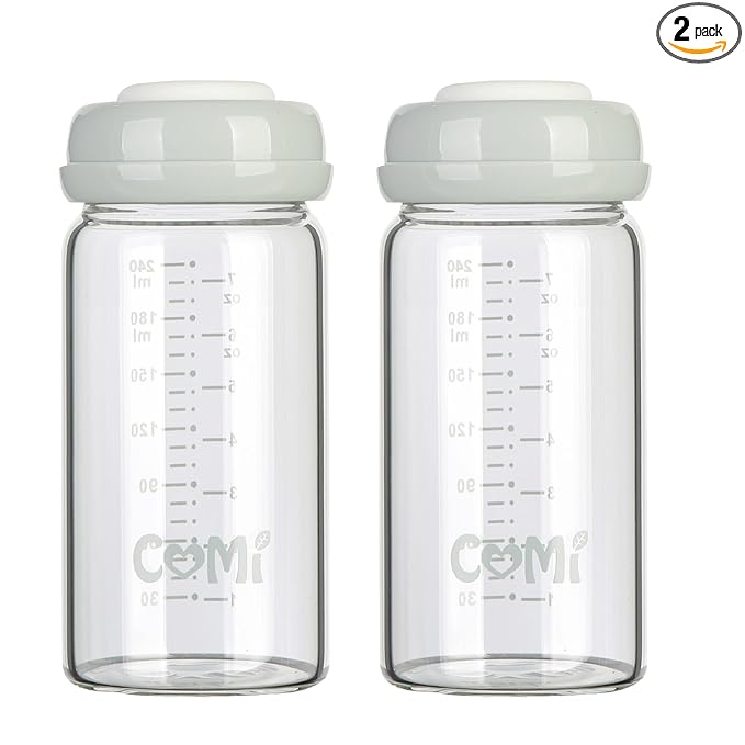 COMI Wide Neck Glass Breastmilk Collection n Storage Bottle, 8oz with Screw Ring Sealing Disk; Re-markable Sealing Disc. BPA Free, Fits Breast Pumps & Nipples (2 Gray Lids)