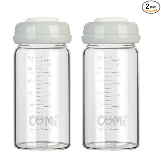 COMI Wide Neck Glass Breastmilk Collection n Storage Bottle, 8oz with Screw Ring Sealing Disk; Re-markable Sealing Disc. BPA Free, Fits Breast Pumps & Nipples (2 Gray Lids)