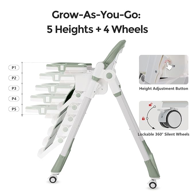 Cochildor 3-in-1 Foldable High Chair for Babies & Toddlers – Adjustable Height, Reclining Seat, 5-Point Safety Harness, Removable Tray, Lockable Wheels, Washable Cushion – Portable & Easy Clean, Green