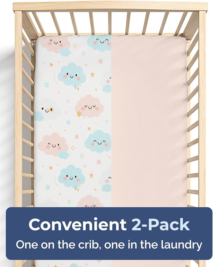 2-Pack Mini Crib Sheets Fitted - Pack N Play Sheets for Pack and Play Mattress - Stretchy Soft Microfiber Playard Bedding - Mini Toddler Bed Cover for Boys & Girls - Oeko-Tex - 38 x 24in, Happy Clouds