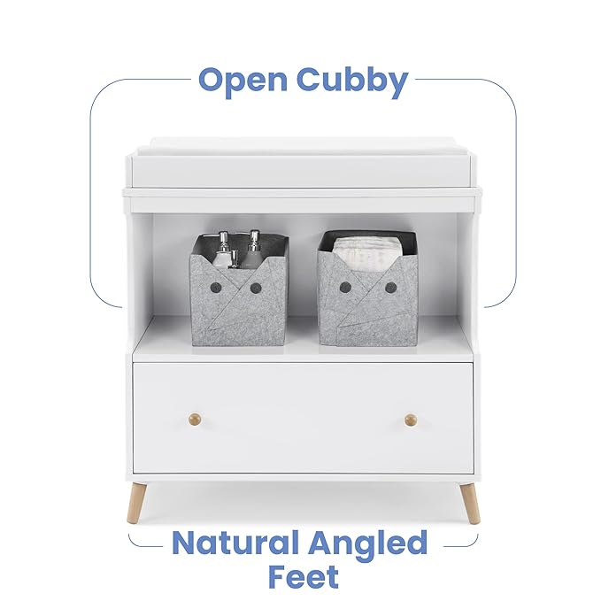 Delta Children Essex Convertible Changing Table with Drawer, Bianca White/Natural