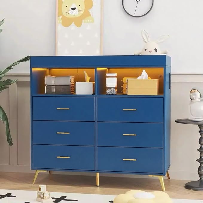 Jojoka Nursery Changing Table Dresser with LED Lighting and Charging Function, 6 Drawer Storage Dresser with 2 Open Compartments, Convertible Baby Diaper Station for Nursery and Bedroom Use