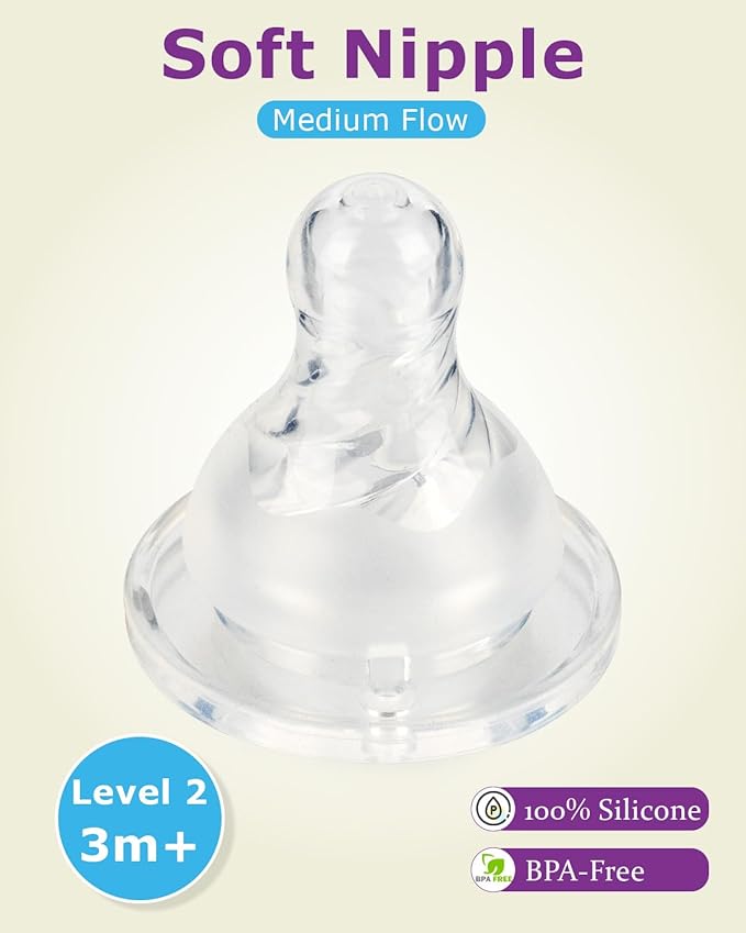 Silicone Nipples for Dr. Brown's Level 2 Narrow Baby Bottle, Medium Flow, 3m+, 6 Count