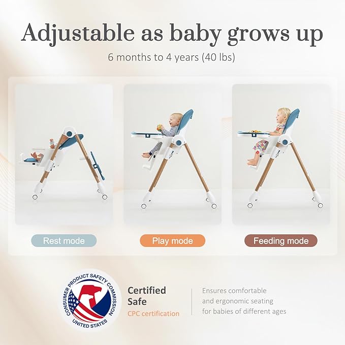 Foldable High Chairs for Babies and Toddlers, 3-in-1 Convertible Baby High Chair with Removable Soft Cushion and Tray, Adjustable Height & Recline, Lockable Wheels, Dark Blue