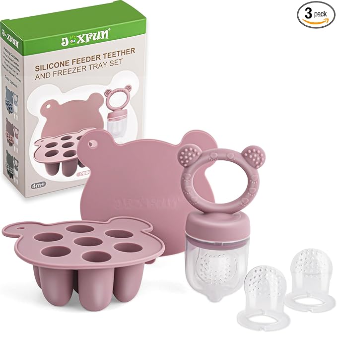 Silicone Baby Fruit Food Feeder & Mini Freezer Nibble Tray, Breastmilk Popsicle Molds for Baby Teething Relief, BPA Free Silicone Teething Toys Feeder for Safe Infant Self Feeding, Extra Food Pouches
