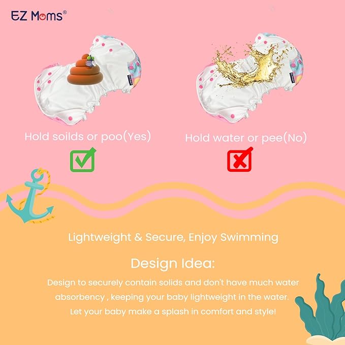 EZ Moms Baby Swim Diapers Reusable 2Pcs Large Size Snap Adjustable Washable One Size Toddler Swim Diaper with a Shammy Towel for Baby Girl Water Diaper Waterproof Swimming Diapers for Swimming Lessons