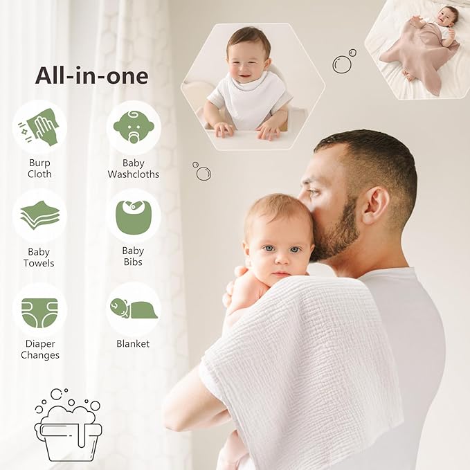 Susurration Muslin Burp Cloths 24x24 Inches Ultra Soft 100% Cotton, 4 or 7 Pack Baby Washcloths for Newborn, Absorbent Burp Rags & Swaddle Blankets