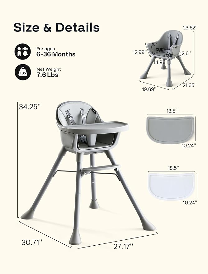 HARPPA 2 in 1 Baby High Chair for Babies and Toddlers, Convertible High Chairs with Removable Double Tray, Waterproof PU Seat Cushion, Anti-Slip Footrest and 5-Point Harness for 6–36 Months, Grey