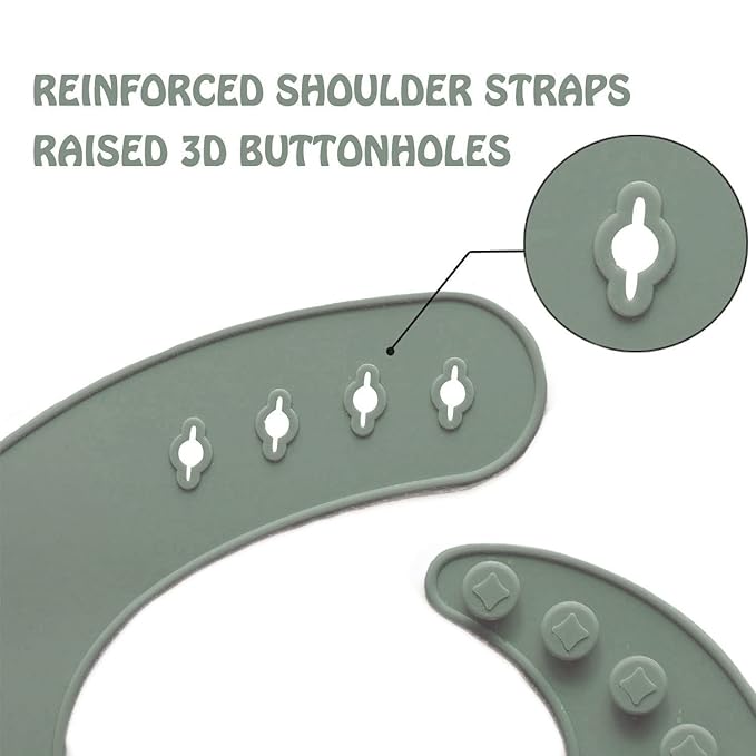 Ginbear Silicone Bibs for Babies, Waterproof Adjustable Silicon Rubber Baby Feeding Bibs with Food Catcher Pocket for Toddlers 6 Months+ (Dark Sage/Almond)