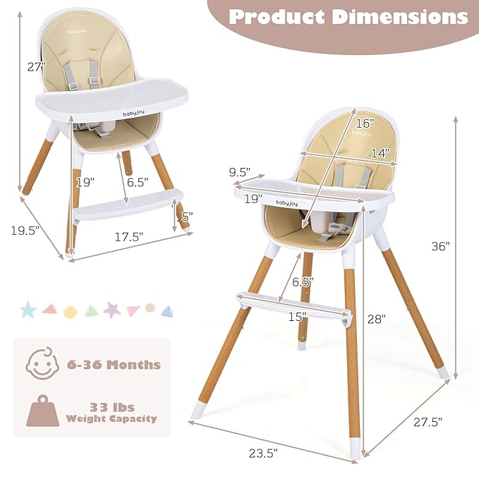 HONEY JOY High Chair, 3-in-1 Eat & Grow Highchair/Booster Seat/Toddler Chair w/Removable Tray, Safety Harness, Steel Legs, PU Cushion and Footrest for Baby, High Chair for Babies and Toddlers (Beige)