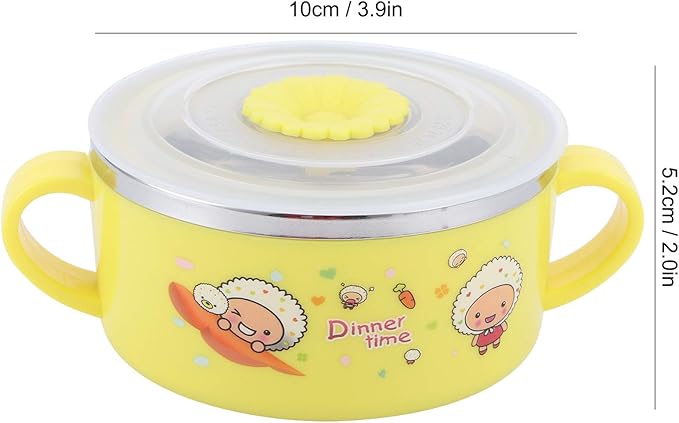 Zerodis 304 Stainless Steel Toddler Bowl with Double Layer Heat Insulation, Cartoon Design, Lid and Handles - Feeding Tableware (Yellow)
