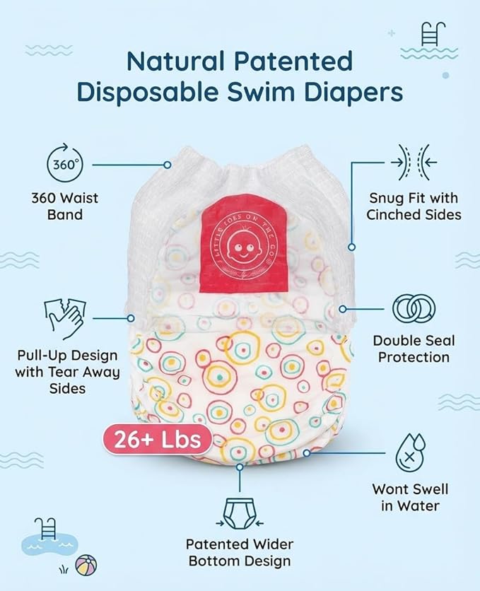 Little Toes Premium Natural Disposable Swim Diapers, Size 5 Large (26+ lbs) (24 Count) | Baby Disposable Swim Diapers | Hypoallergenic, Chlorine & Fragrance-Free | Gentle on Sensitive Skin