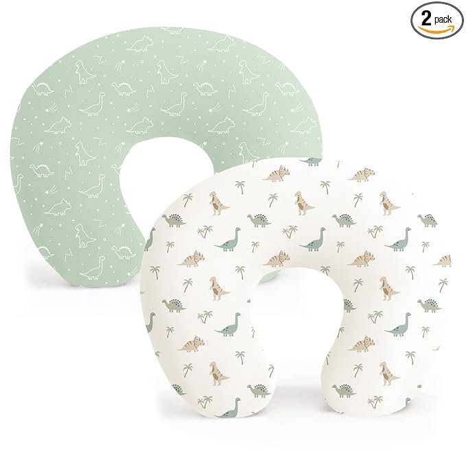 Konssy 2 Pack Nursing Pillow Covers, Stretchy and Soft Nursing Cover for Breastfeeding Pillows, Pillow Slipcover for Baby Girls Boys Newborn (Dino Jungle, Sage)