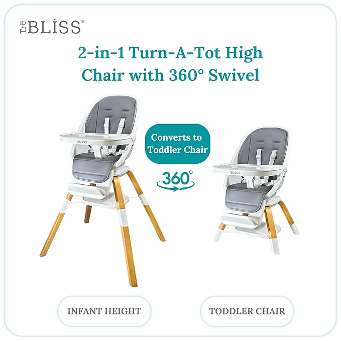TruBliss Turn-A-Tot High Chair for Babies and Toddlers, 2 in 1 Wooden Portable Baby Feeder or Adjustable Child's Seat with 360 Degree Swivel, Removable Tray, and Pad (Earl Grey)
