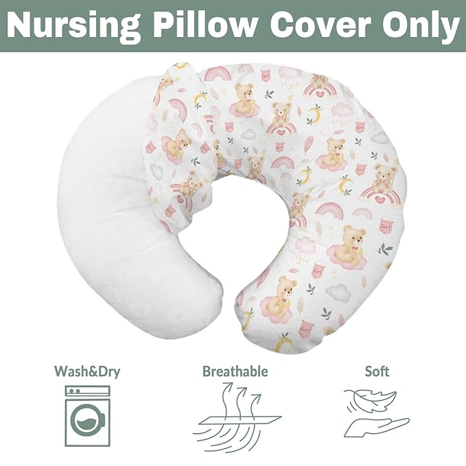 Watercolor Bear Rainbow Pink Baby Nursing Pillow Covers for Girl Boy Cute Bears Moon Stars Clouds Nursery Slipcovers for Breastfeeding Pillows Pastel Animal Soft Stretchy Cover for Newborn Infant