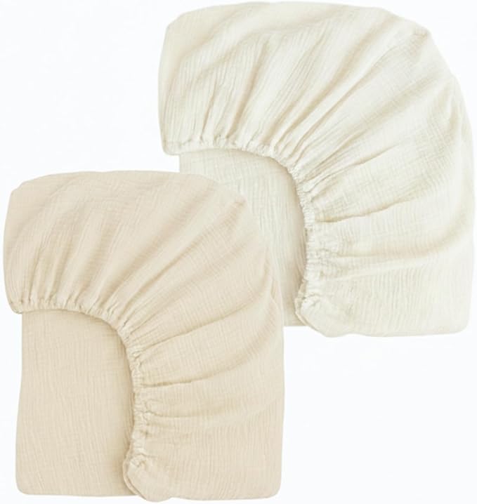 2 Pack Muslin Crib Sheets for Boys & Girl- Neutral Breathable Cotton Crib Mattress Sheets Fitted for Standard 28"x 52"- Nursery Décor No Slip Sheets- Ivory & Creamy Beige