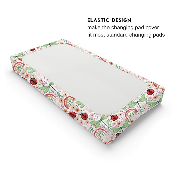 Spring Garden Dragonfly Changing Pad Cover Boho Retro Flowers Leaves Rainbow Diaper Changing Table Cover Sheets for Boy Girl Soft Breathable Stretch Fitted Baby Changing Pad Sheets Mats 32''x16''