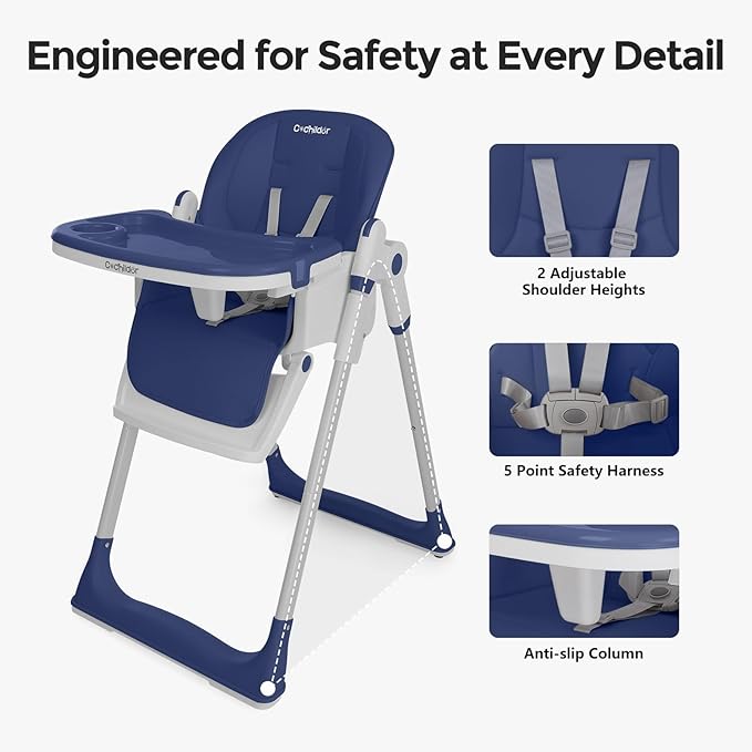 Cochildor 3-in-1 Foldable High Chair for Babies & Toddlers – Adjustable Height, Reclining Seat, 5-Point Safety Harness, Removable Tray, Lockable Wheels, Washable Cushion – Portable & Easy Clean, Blue